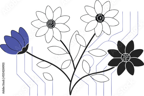 Vector flowers integrated into a circuit board pattern, replacing chips and nodes with petals and stamens