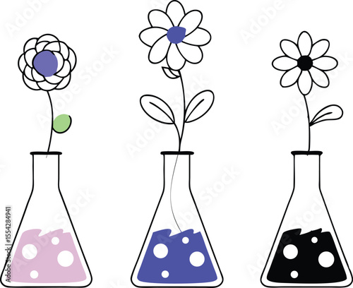 Vector flowers suspended mid-air in floating lab beakers filled with various cartoon liquids