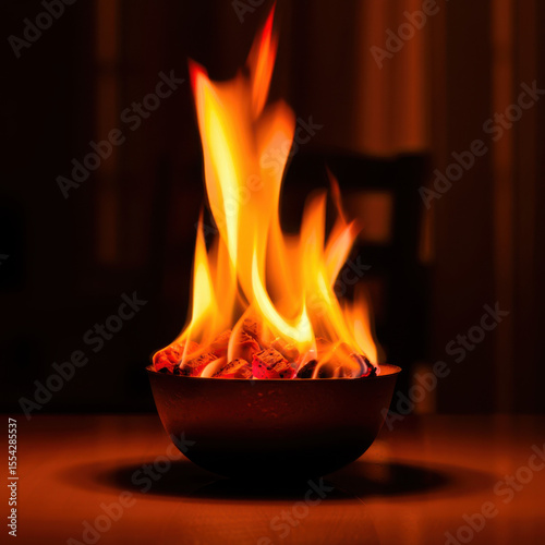 Burning Embers in Bowl with Fireplace Flames, and Warmth.
