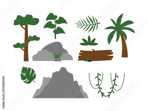 Hand drawn collection of  jungle scene with trees, rocks, vines and plants