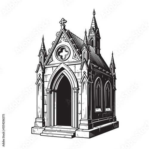 Detailed black and white vintage art silhouette illustration of a gothic chapel structure