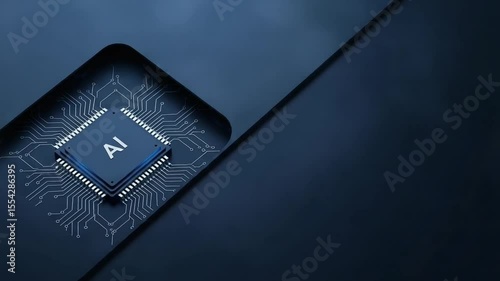 Artificial Intelligence Chip with Blue Illumination and Visible Circuits on Dark Background Showing Future Technology