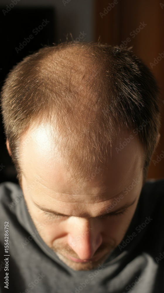 Fototapeta premium A close up shot revealing a receding hairline, highlighting the scalp and brow of an individual