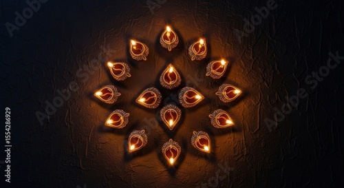 Abstract Pattern of Glowing Ornate Lamps on Dark Textured Background