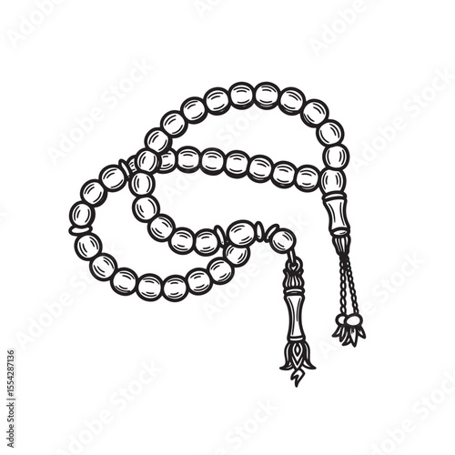 Detailed vintage art silhouette illustration of an islamic prayer beads accessory on white background