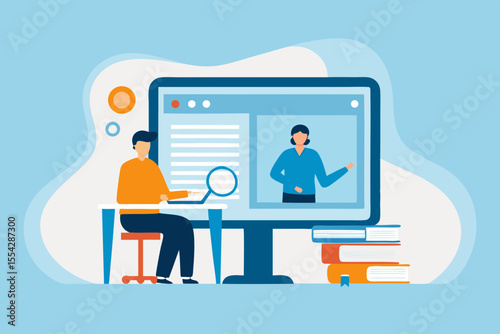 Man studying online with a teacher on a computer screen and books