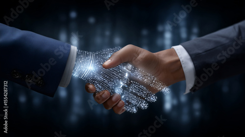 A human in a business suit shaking hands with a digital robotic hand in front of a glowing data wall, symbolizing AI collaboration and futuristic technology partnerships human and