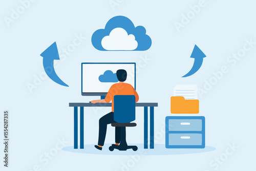 Person working on computer with cloud data synchronization and file storage