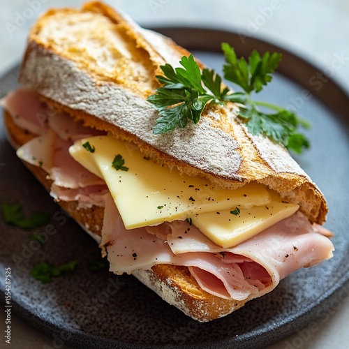 Delicious sandwich with ham and cheese on fresh crusty bread with parsley garnish