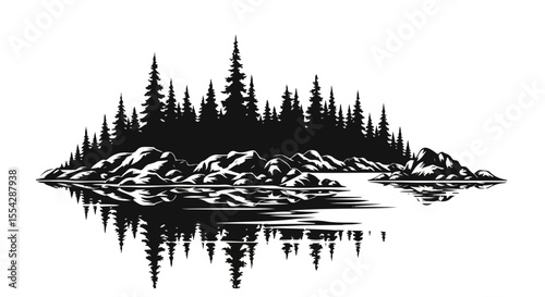 Minimalist Forest and Water Reflection Silhouette .  Black and White Stencil-Style Illustration of Jagged Pine Tree Line and Rocky Shore with Rippling Reflection