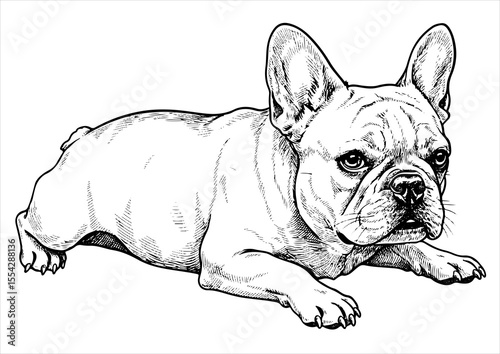 France bulldog pet portrait engraving intricate retro hand drawn style line art black and white vector illustration, isolated on white background
