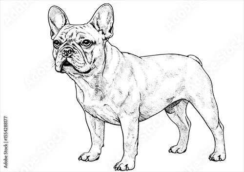 France bulldog pet portrait engraving intricate retro hand drawn style line art black and white vector illustration, isolated on white background
