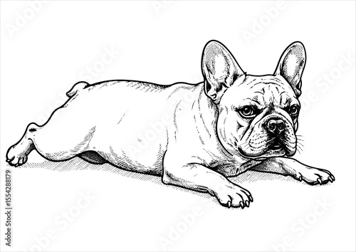 France bulldog pet portrait engraving intricate retro hand drawn style line art black and white vector illustration, isolated on white background
