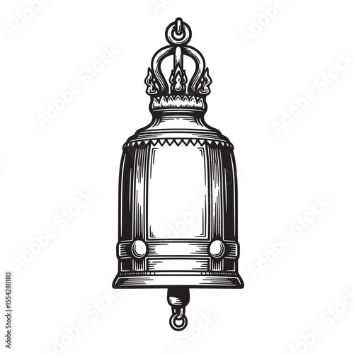 Detailed vintage art silhouette of a traditional thai temple bell in black and white