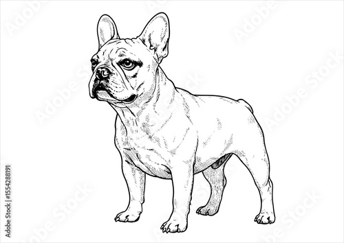 France bulldog pet portrait engraving intricate retro hand drawn style line art black and white vector illustration, isolated on white background
