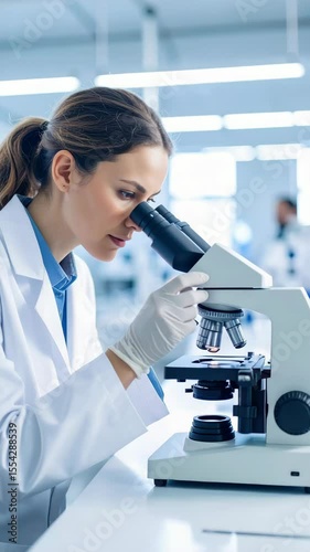 A scientist in a lab coat examines samples through a microscope in a bright, modern laboratory, focusing on research and innovation.