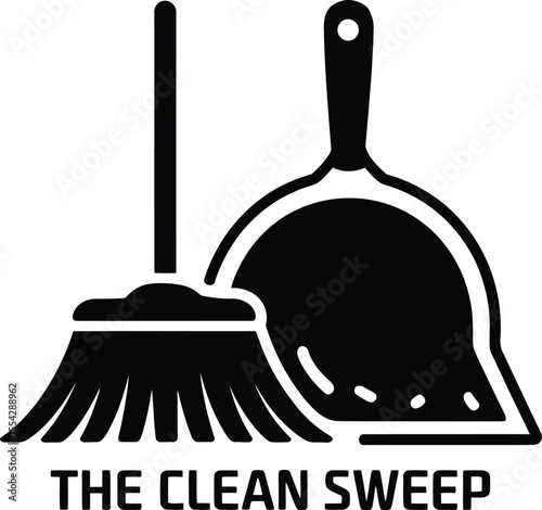 Clean Sweep: Illustration of a broom and dustpan. - A simple, black and white graphic of a broom and dustpan, conveying a sense of cleanliness and tidiness