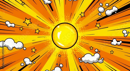 Dynamic Comic Book Style Background  with Bright Yellow Sunburst and Speed Lines