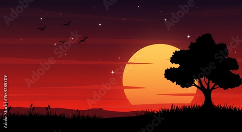 Serene Sunset Landscape: Silhouette of a Tree Against a Vibrant Red Sky and Large Orange Sun