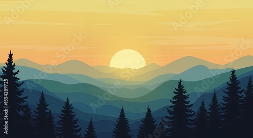 Majestic Mountain Sunset: Serene Landscape with Silhouetted Pine Trees and Golden Hues