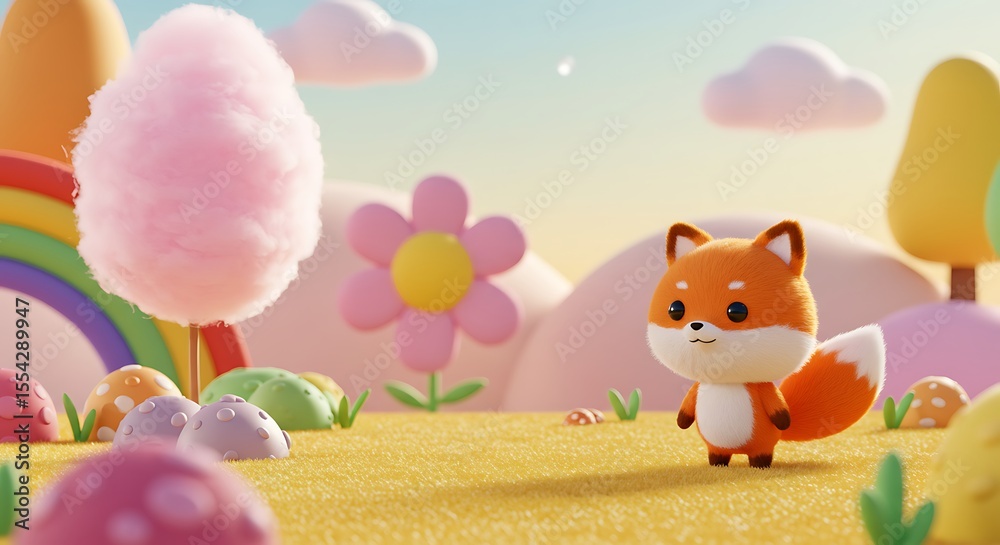 Fototapeta premium 3d cute cartoon, whimsical landscape with bright colors, playful fox on the right, leaving ample copy space on the left.