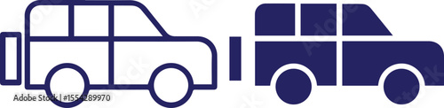 cartoon car,simple geometric shapes,blue and white colors,minimal design,stylized transportation icon