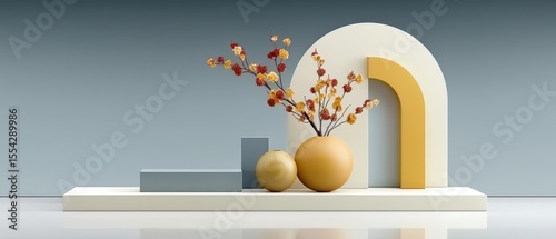 Stylish Modern Product Display Stand Featuring Pastel Coral and Gold Palette with Fresh Flowers Elevating Home Decor