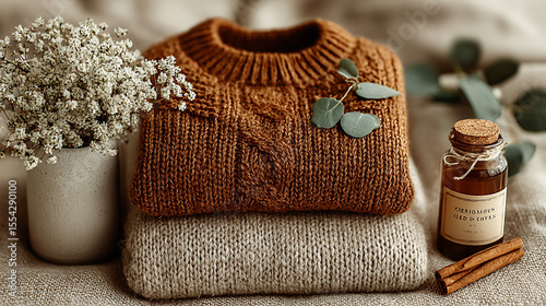 Cozy scene with warm knitted sweater, cinnamon sticks, and dried foliage arranged on neutral beige blanket, great for autumn content, hygge mood, or comfortable seasonal design