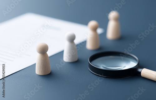 One wooden figurine is the focal point of a magnifying glass amidst a group of similar figurines on a teal background