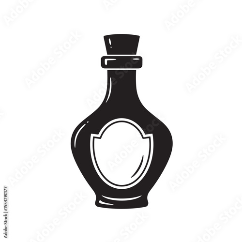 Elegant vintage art silhouette of a decorative bottle with cork stopper and empty label