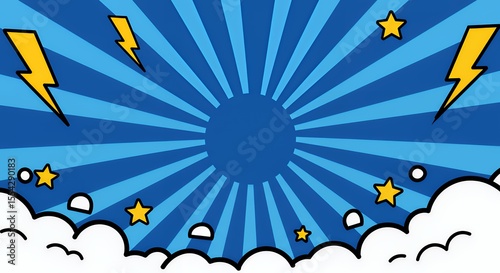 Dynamic Blue Comic Book Style Background Design with Radiating Stripes, Stars, and Lightning Bolts