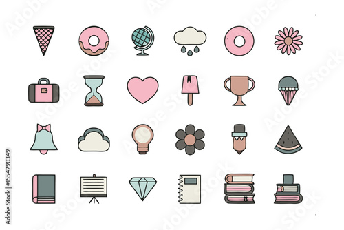 Assorted Icons: A delightful array of vector icons, each exuding charm and versatility, ready to enhance any design project. From ice cream to a light bulb.