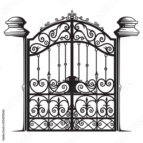 Elegant vintage art silhouette of a detailed wrought iron gate design