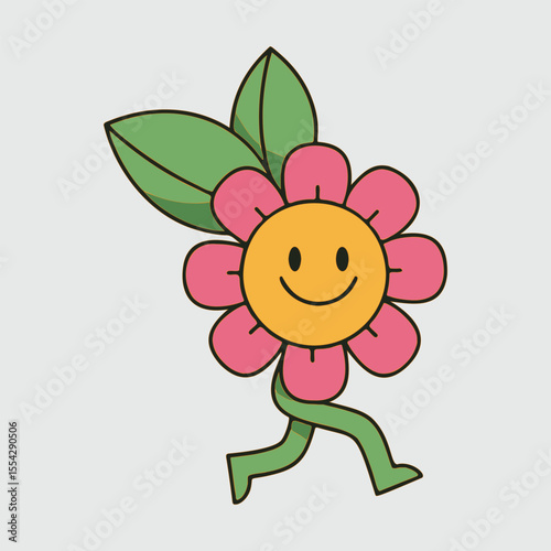 Happy cartoon flower with smiling face and green leaves running
