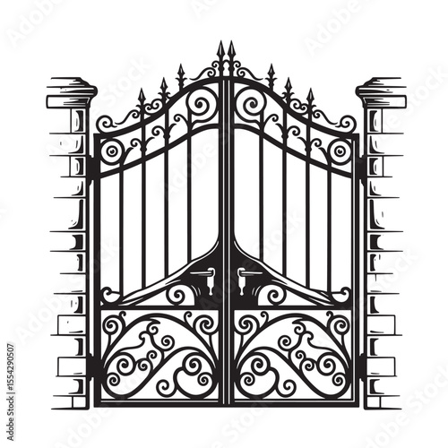 Elegant vintage art silhouette of a wrought iron gate with brick pillars on white background