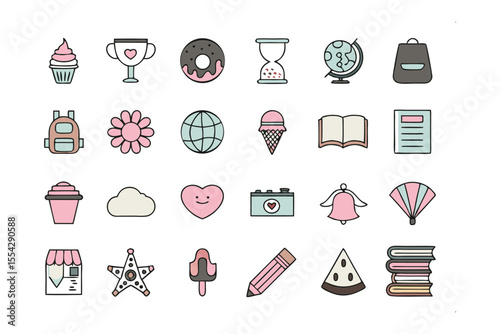 Sweet Icon Collection: A delightful assortment of hand-drawn icons, each representing a symbol of everyday life, artfully composed with a cute, simple design. 