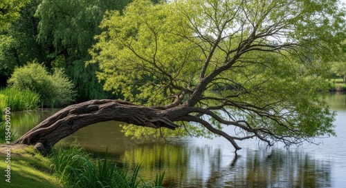 Large curved tree branches over calm water reflecting green foliage and blue sky