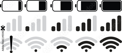 Minimal Battery, WiFi, and Mobile Network Icon Set for UI and App Interfaces – Vector Illustration