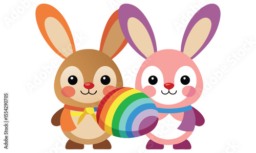 Two adorable cartoon bunnies one brown and one pink holding a colorful rainbow easter egg together on a white background celebrating spring and easter