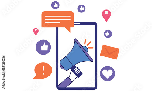 Digital marketing campaign concept with a hand holding a megaphone inside a smartphone surrounded by social media icons and notifications like likes and messages for online promotion