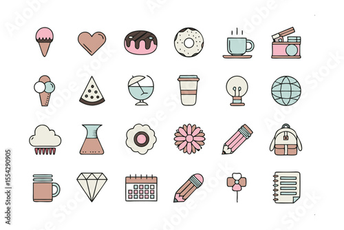 Sweet Essentials: A charming assortment of whimsical hand-drawn illustrations showcases a collection of delightful treats and everyday objects. 