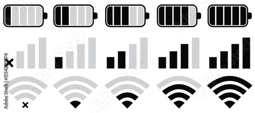 Minimal Battery, WiFi, and Mobile Network Icon Set for UI and App Interfaces – Vector Illustration
