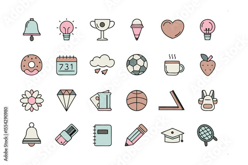Vibrant Icon Collection: A delightful assortment of colorful, charming icons, each a miniature work of art, capturing the essence of everyday items and concepts with style and simplicity. 