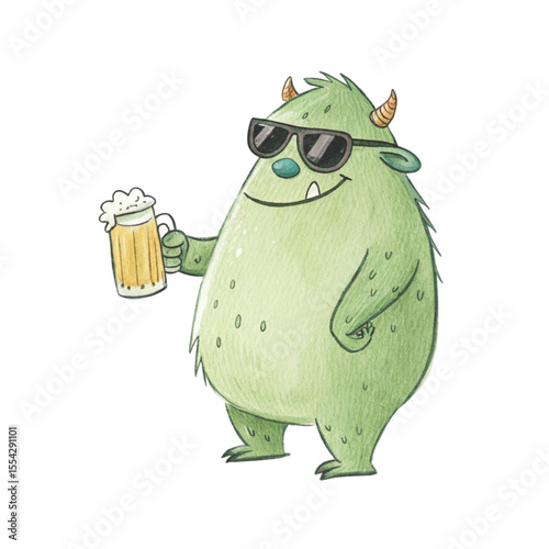 monster cartoon Wear sunglasses and stand Holding a glass of beer Clipart Watercolor