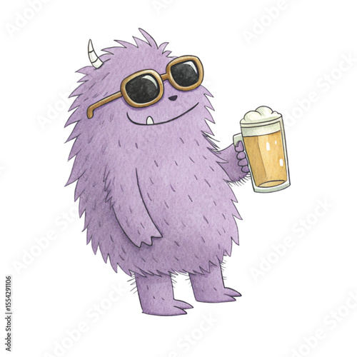 monster cartoon Wear sunglasses and stand Holding a glass of beer Clipart Watercolor