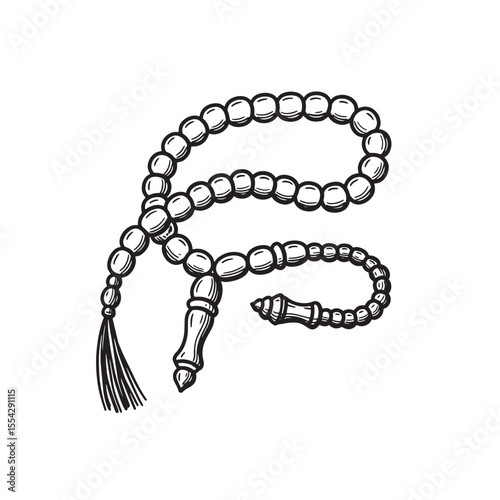 Hand drawn vintage art silhouette of a prayer beads tasbih in black and white