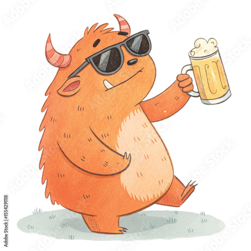 monster cartoon Wear sunglasses and stand Holding a glass of beer Clipart Watercolor