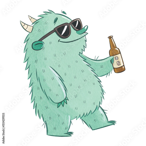 monster cartoon Wear sunglasses and stand Holding a glass of beer Clipart Watercolor