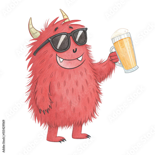 monster cartoon Wear sunglasses and stand Holding a glass of beer Clipart Watercolor