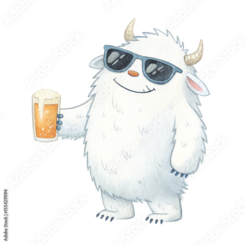 monster cartoon Wear sunglasses and stand Holding a glass of beer Clipart Watercolor